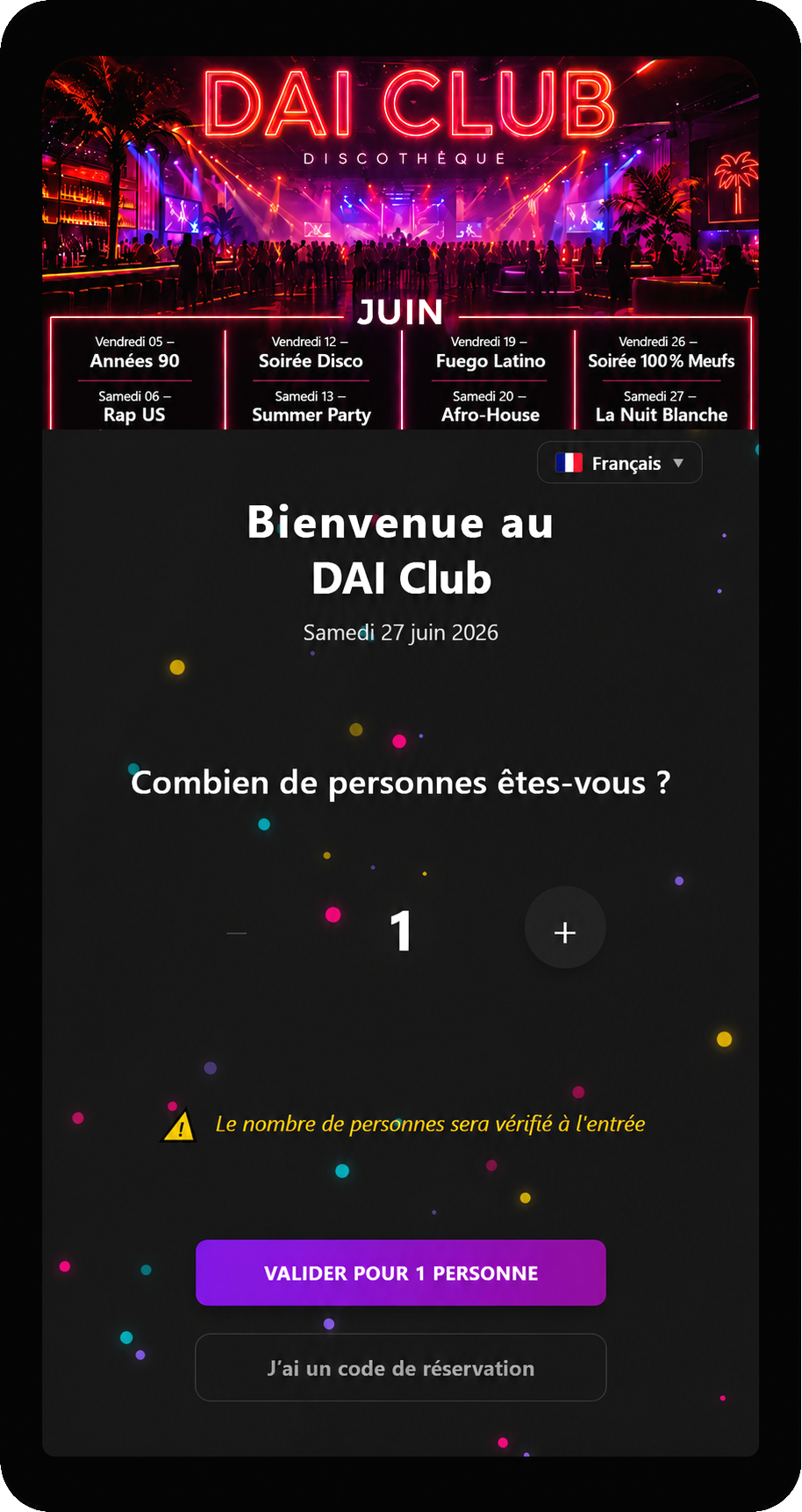 Kiosque Tape 2 Enter — interface d'accueil client DAI Club