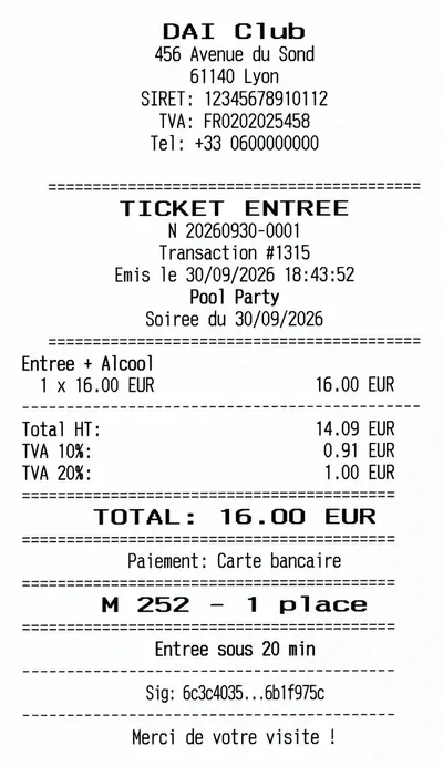 Ticket d'entrée imprimé par la borne : formule Entrée + Alcool à 16,00 €, TVA à 10 % et à 20 % détaillée
