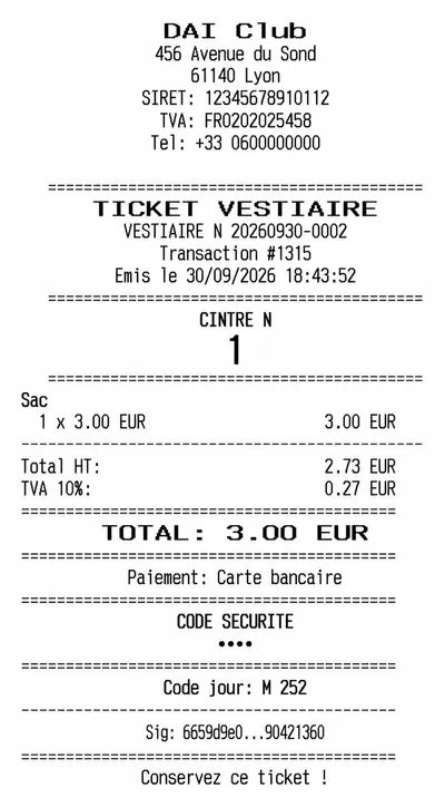 Ticket vestiaire du client : numéro de cintre, TVA et code de sécurité masqué