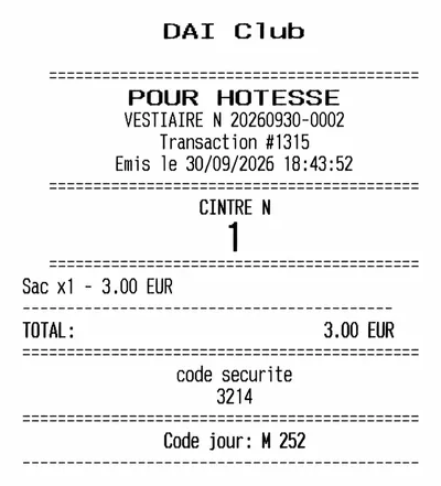 Ticket vestiaire pour l'hôtesse : numéro de cintre, article déposé et code de sécurité